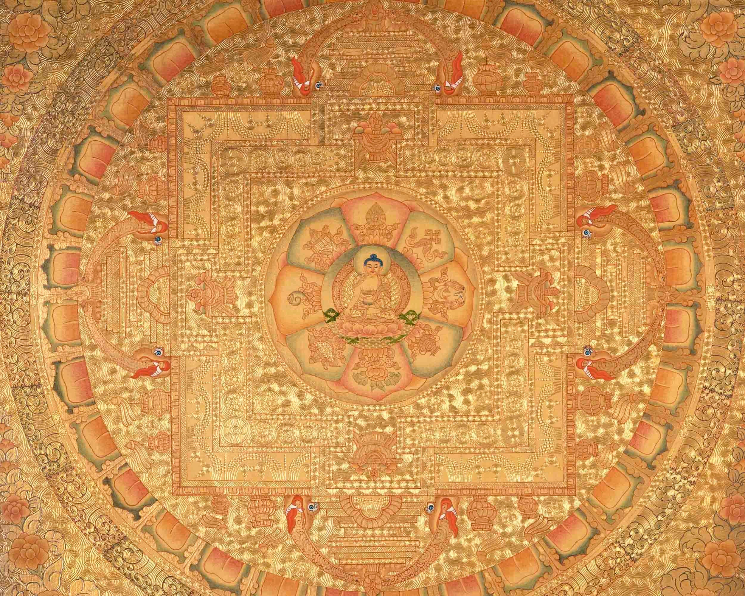 Shakyamuni Buddha Mandala Surrounded By Auspicious Symbols | Tibetan Art Painting