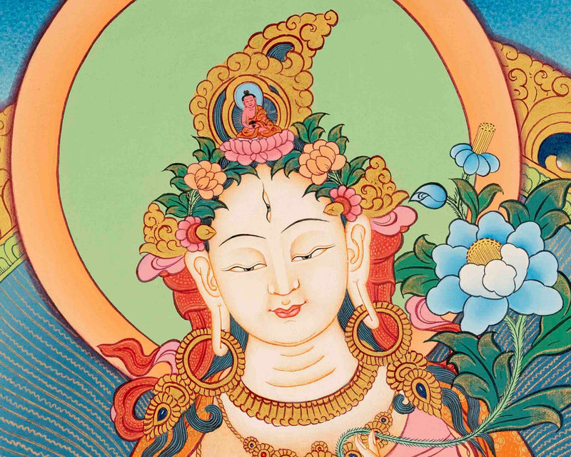 White Tara Thangka Art | Original Hand Painted Female Bodhisattva Art | Wall Decoration Painting |