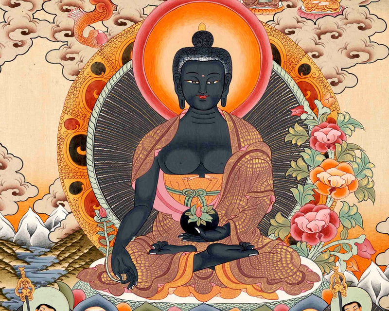 Medicine Buddha Originally Hand-Painted On Cotton Canvas | Shariputra and Maudalyana By His Side