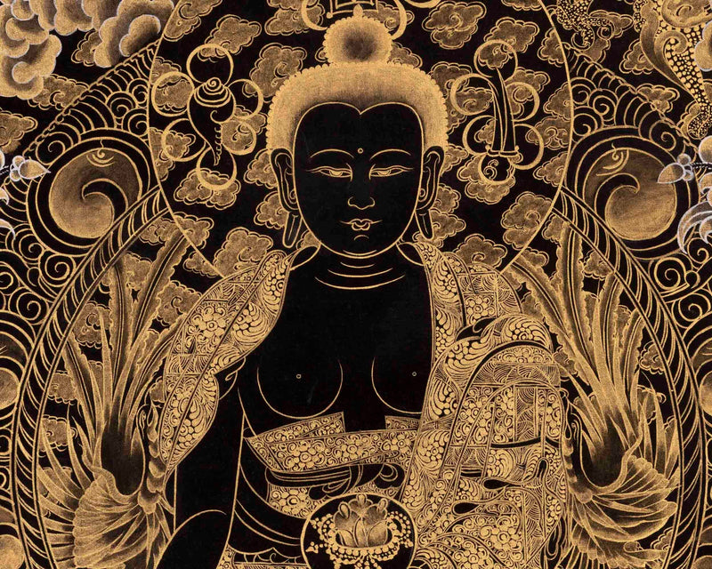 Black and Gold Style Medicine Buddha | Original Hand-Painted Tibetan Thanka | Healing Buddha |