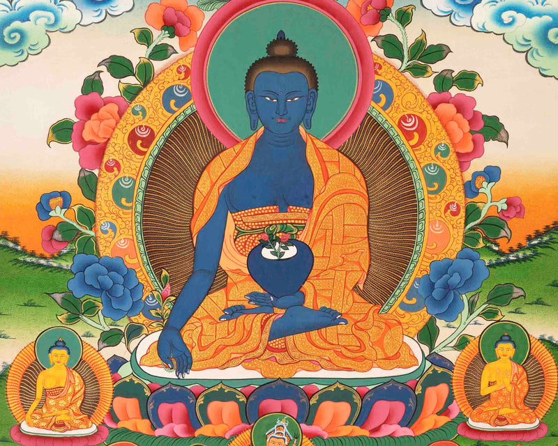 Original Hand Painted Thangka Of Bhaisajyaguru Medicine Buddha with Bodhisattvas |