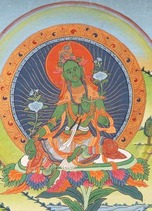 Traditional Green Tara Thangka | Original Hand-Painted Healing Female Deity | Healing Tara Painting |Wall Hanging Yoga Meditation Canvas Art
