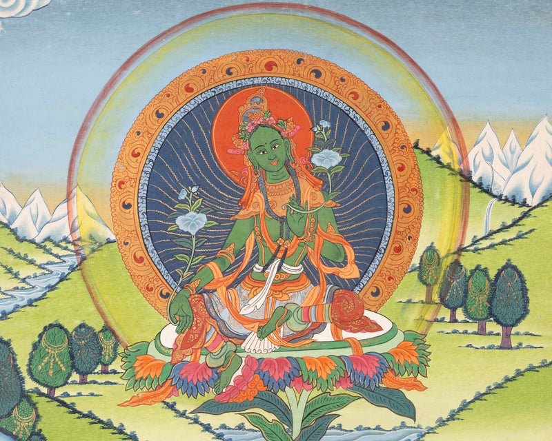 Traditional Green Tara Thangka | Original Hand-Painted Healing Female Deity | Healing Tara Painting |Wall Hanging Yoga Meditation Canvas Art