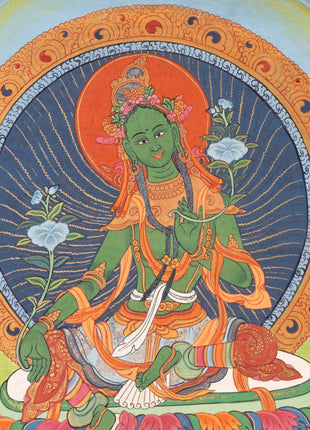 Traditional Green Tara Thangka | Original Hand-Painted Healing Female Deity | Healing Tara Painting |Wall Hanging Yoga Meditation Canvas Art