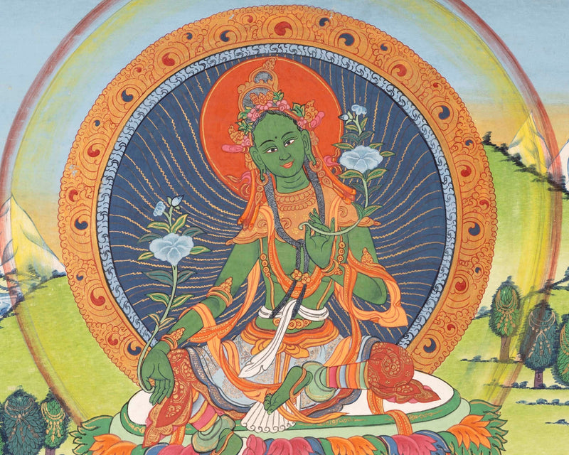 Traditional Green Tara Thangka | Original Hand-Painted Healing Female Deity | Healing Tara Painting |Wall Hanging Yoga Meditation Canvas Art