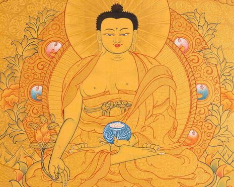 24k Gold Style Original Tibetan Buddhist Painting Of Shakyamuni Buddha, Amitayus Buddha, and Green Tara Thangka | Yoga Meditation Canvas Art