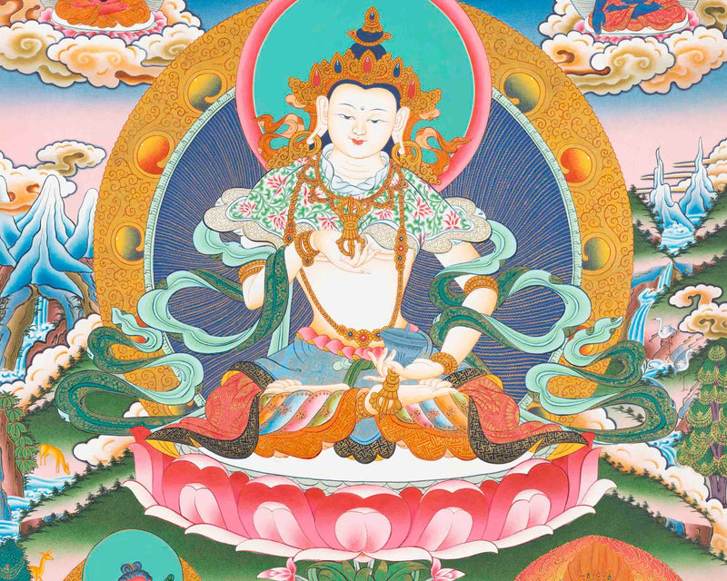 Vajrasattva Dorje Sempa Flanked By Other Bodhisattvas | Original Hand-Painted Buddhist Thanka