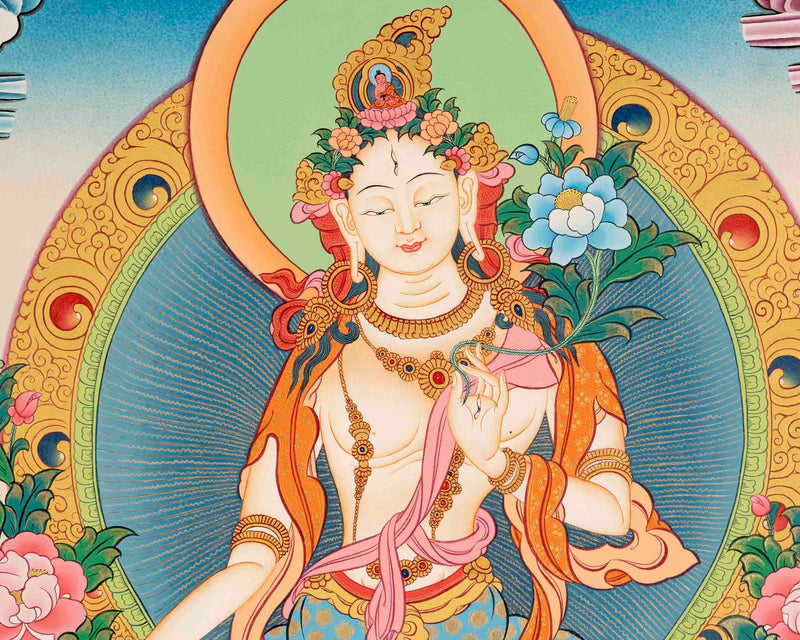 White Tara Thangka Art | Original Hand Painted Female Bodhisattva Art | Wall Decoration Painting |