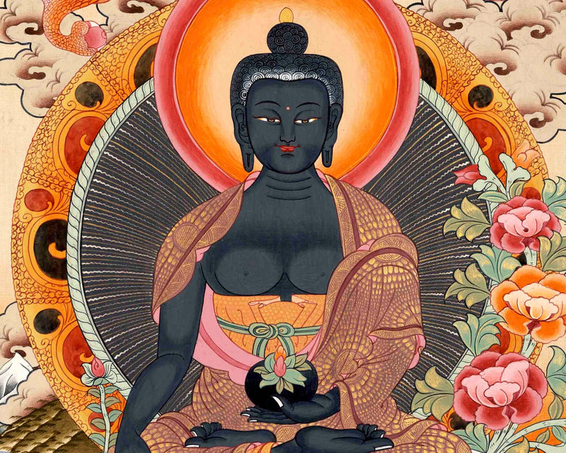 Medicine Buddha Originally Hand-Painted On Cotton Canvas | Shariputra and Maudalyana By His Side