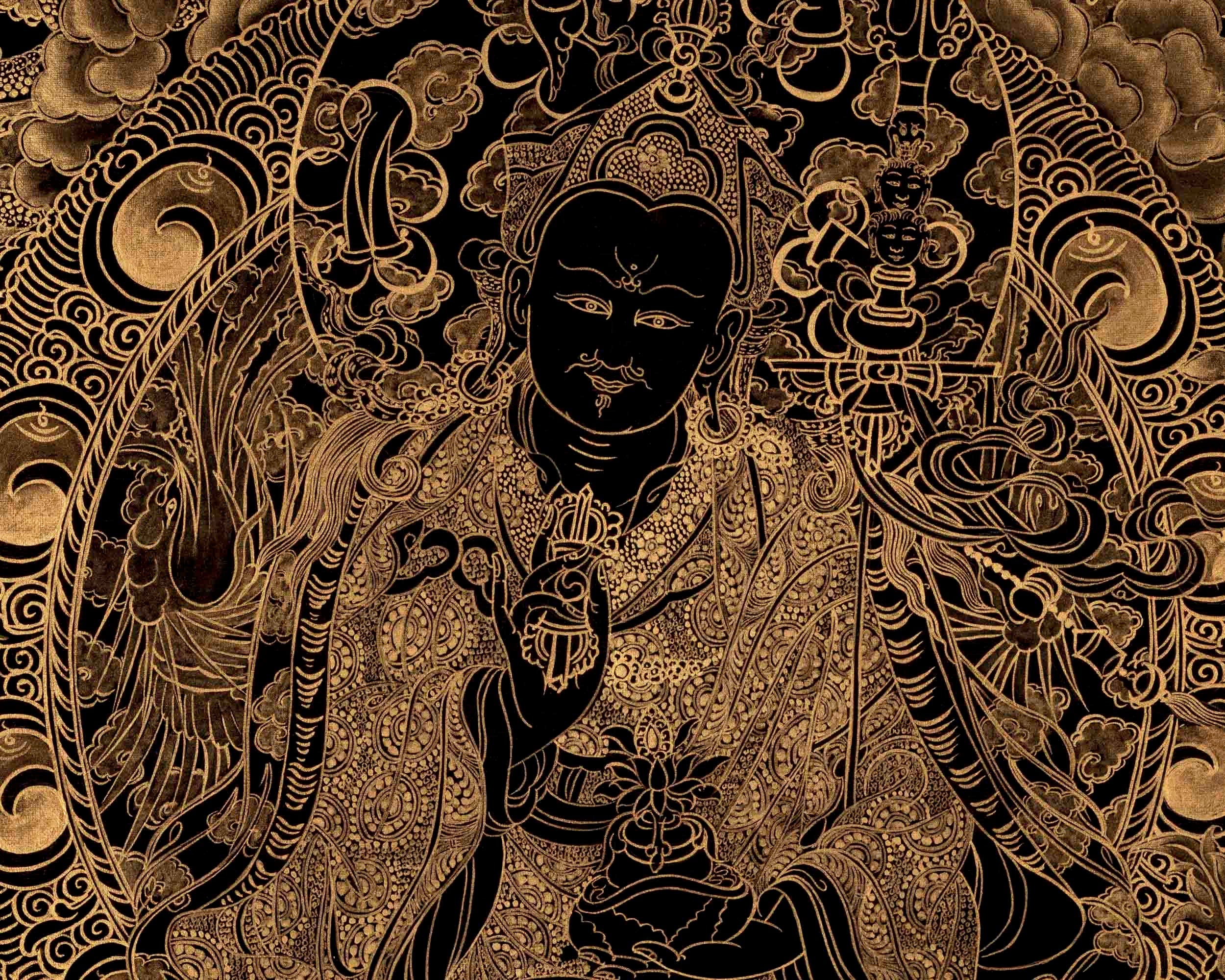 Guru Rinpoche Padmasambhava 24k Gold Thangka | Wall Hanging Yoga Meditation Canvas Art |