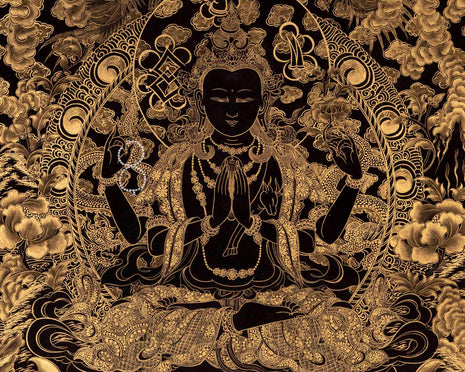 Black and Gold Shakyamuni Buddha & Bodhisattvas Thangka | Wall Decor Gifts
