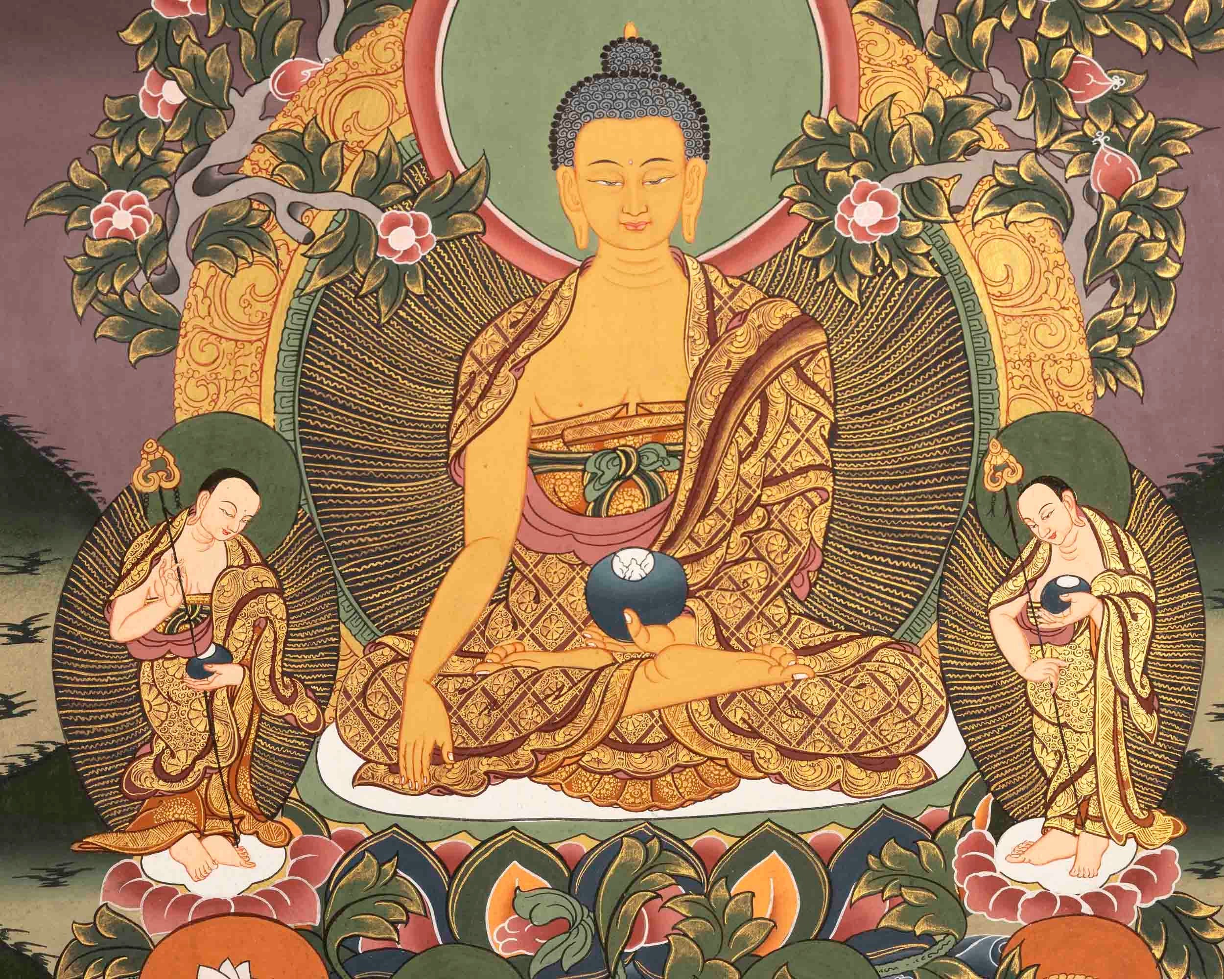 Original Hand-Painted Thangka Of Shakyamuni Buddha Followed By Other Bodhisattvas | Wall Decoration |