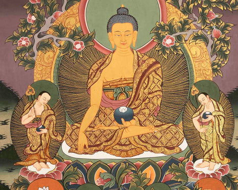 Original Hand-Painted Thangka Of Shakyamuni Buddha Followed By Other Bodhisattvas | Wall Decoration |