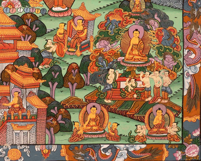 Original Hand-Painted Shakyamuni Buddha Life Story Thangka | Wall Decor Painting | Mindfulness Meditation Object of Focus For Our Well Being