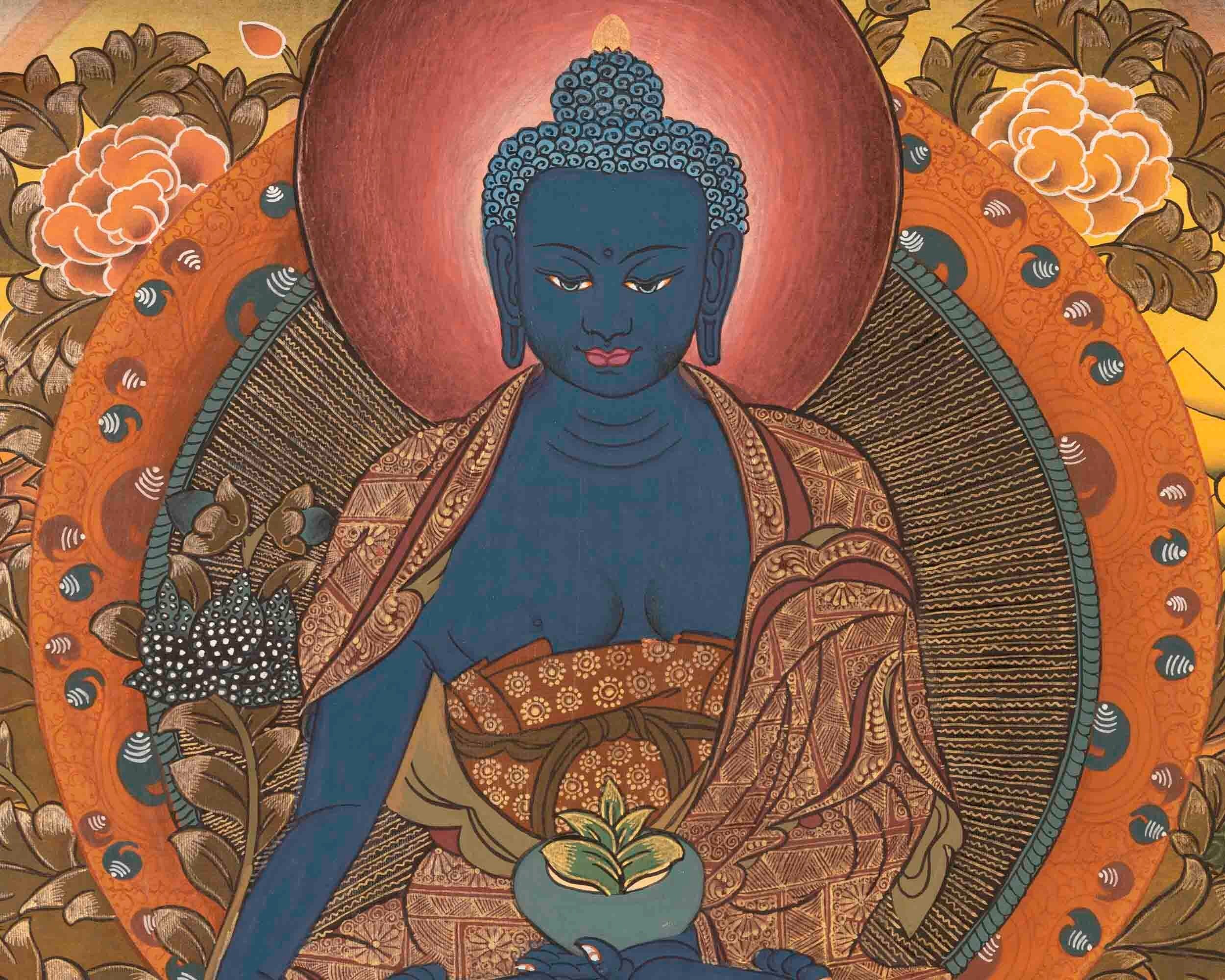 Medicine Budhha Flanked By Bodhisattvas,Mahakala And Manjushree | Original Hand-Painted Tibetan Thangka |