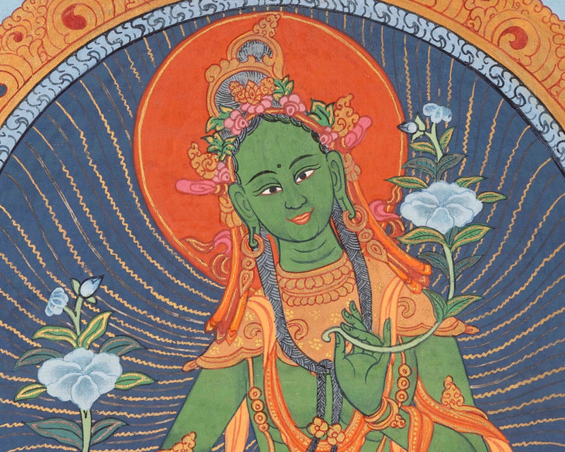 Traditional Green Tara Thangka | Original Hand-Painted Healing Female Deity | Healing Tara Painting |Wall Hanging Yoga Meditation Canvas Art