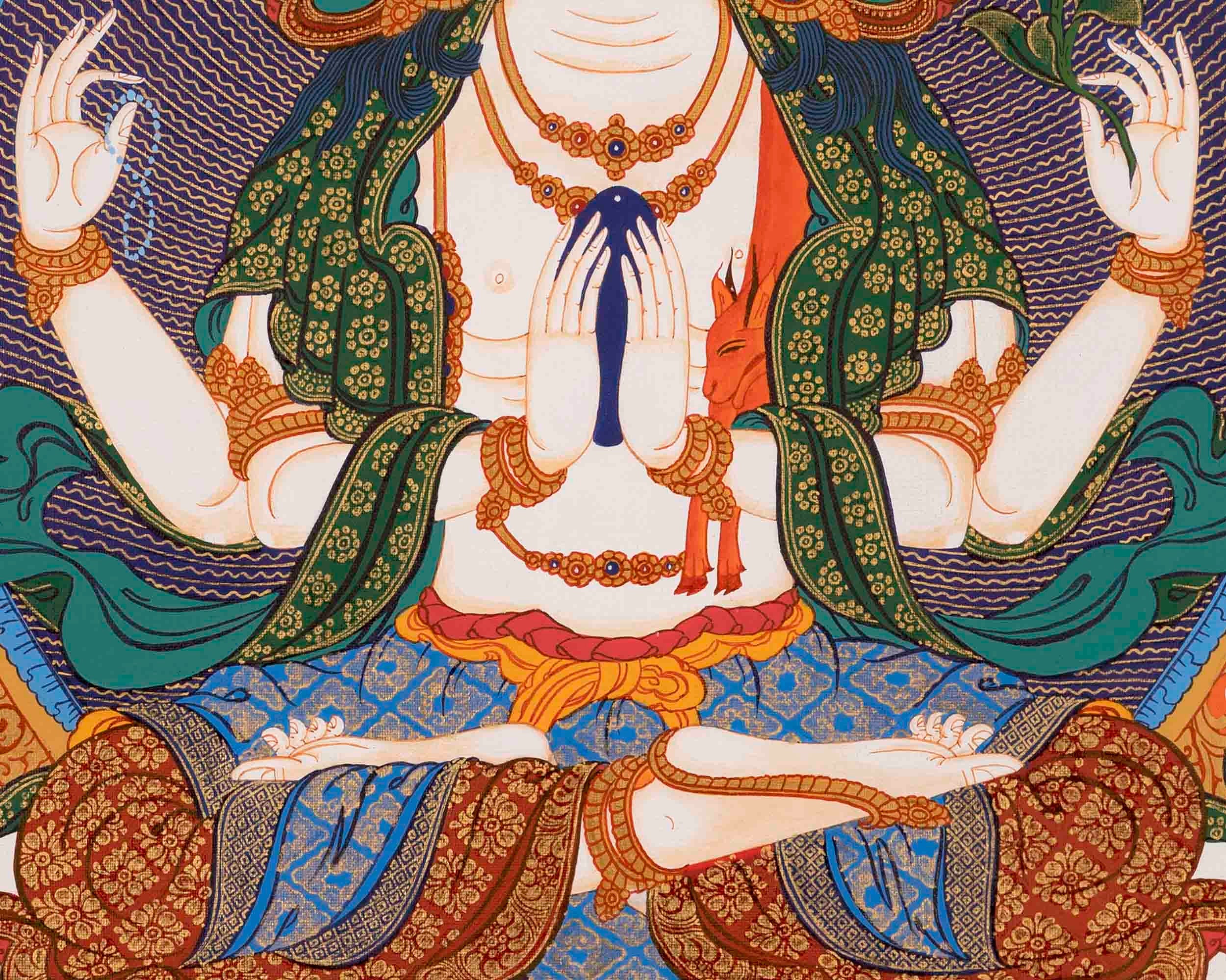 4 Armed Chengrezig Thangka Painting | Bodhisattva of Compassion | Wall hanging
