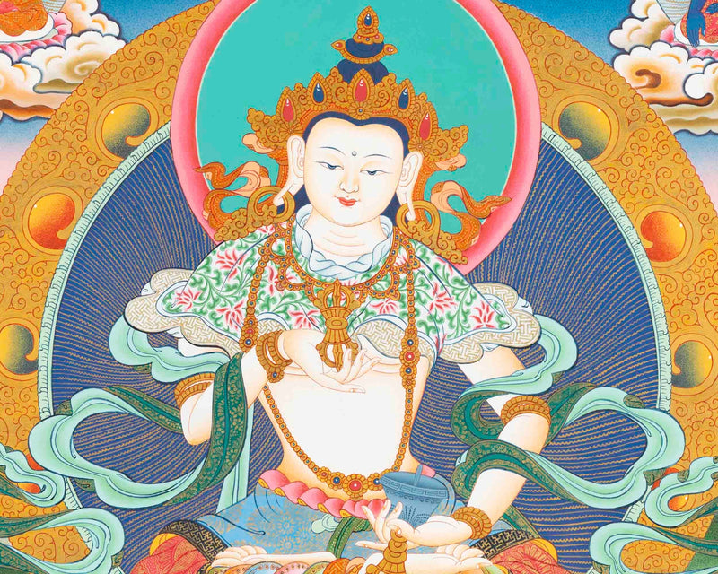 Vajrasattva Dorje Sempa Flanked By Other Bodhisattvas | Original Hand-Painted Buddhist Thanka