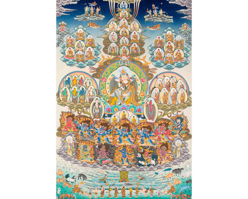 Guru Rinpoche Refuge Tree Thangka Painting | Hand Painted Buddhist Art of Nepal