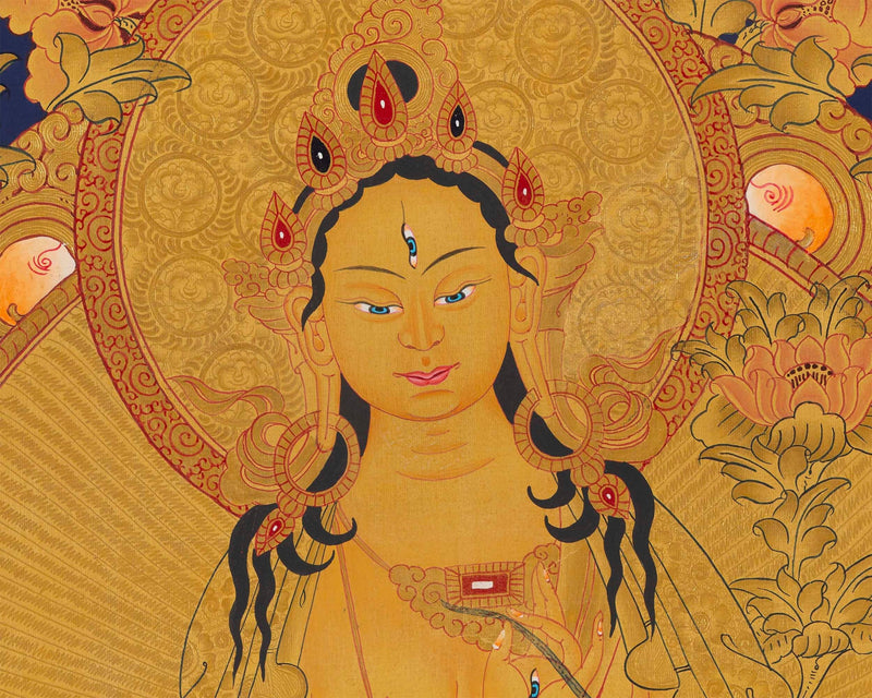 White Tara Thangka with Dragon Border | Original Hand-Painted Female Bodhisattva Art |