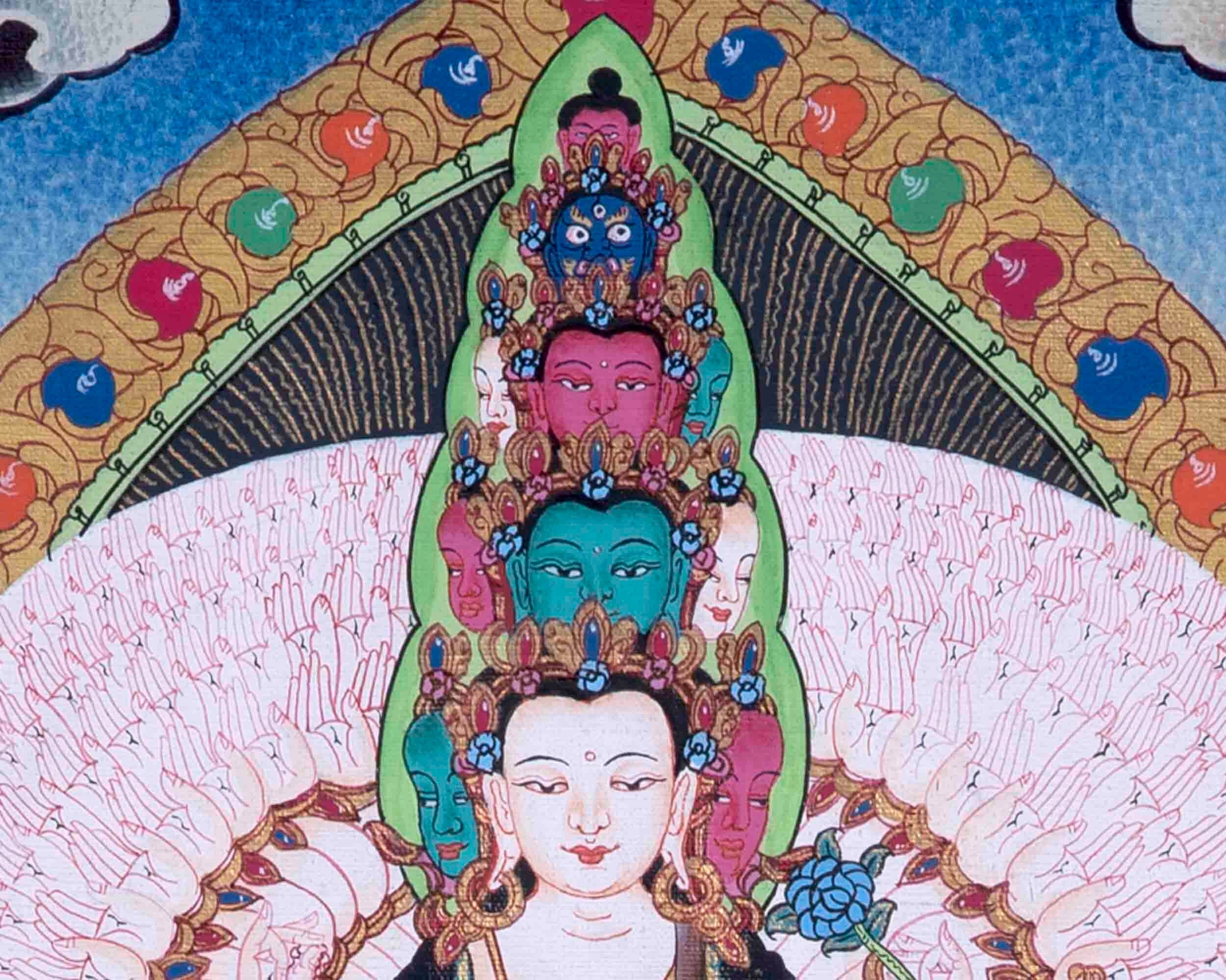 Small 1000 Armed Lokeshvara With Brocade | Wall Hanging Yoga Meditation Canvas Art