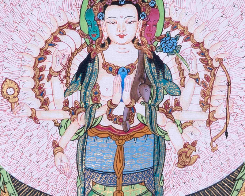 Small 1000 Armed Lokeshvara With Brocade | Wall Hanging Yoga Meditation Canvas Art