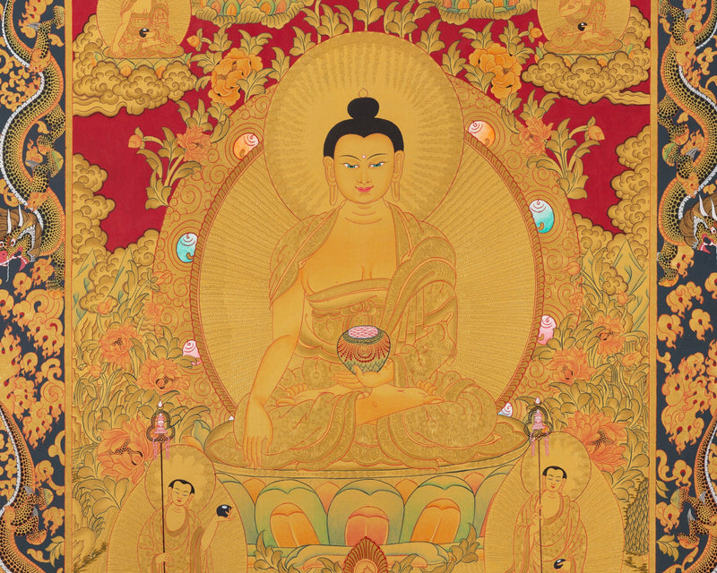 Full 24K Gold Style Shakyamuni Buddha Thangka | Wall Hanging Yoga Meditation Art