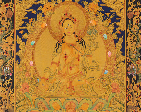 White Tara Thangka with Dragon Border | Original Hand-Painted Female Bodhisattva Art |