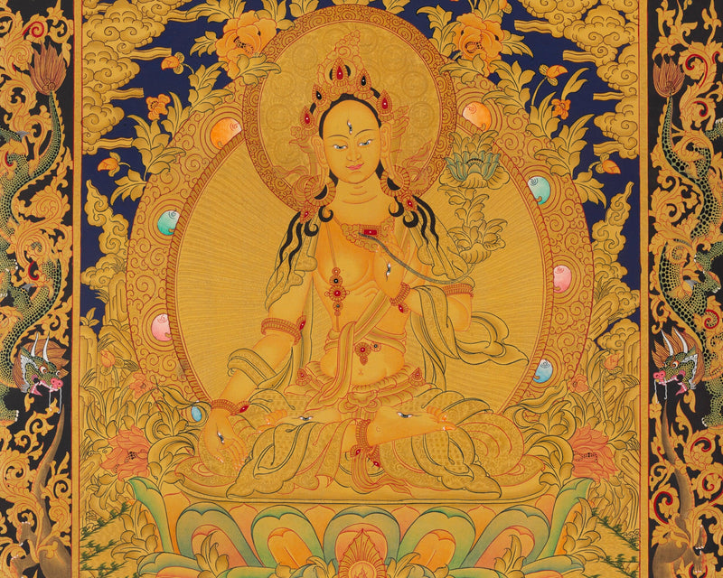 White Tara Thangka with Dragon Border | Original Hand-Painted Female Bodhisattva Art |