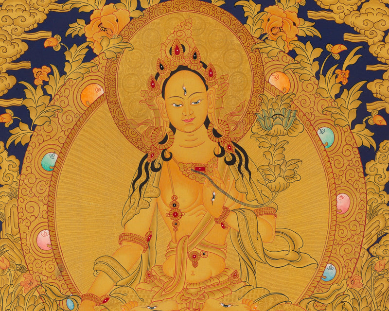 White Tara Thangka with Dragon Border | Original Hand-Painted Female Bodhisattva Art |