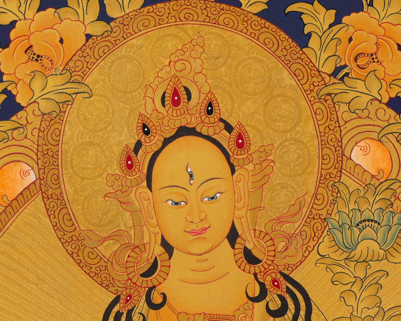 White Tara Thangka with Dragon Border | Original Hand-Painted Female Bodhisattva Art |