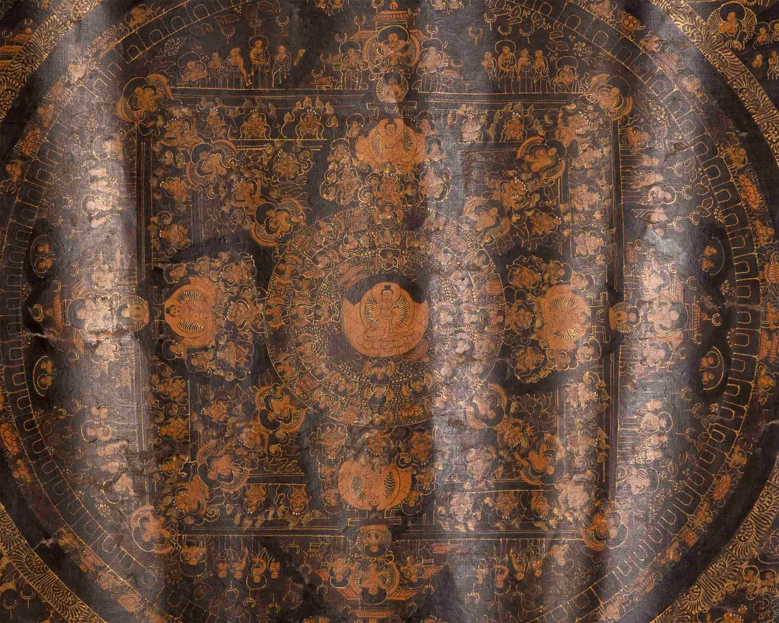 Vintage Oil Varnished Buddha Mandala With Brocade | Mindfulness Meditation Object of Focus For Our Wellbeing
