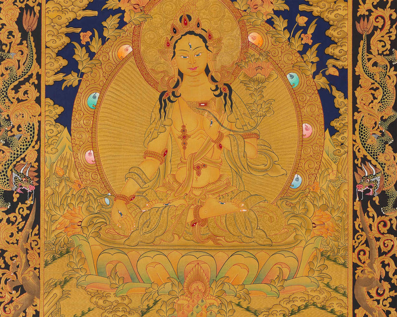 White Tara Thangka with Dragon Border | Original Hand-Painted Female Bodhisattva Art |