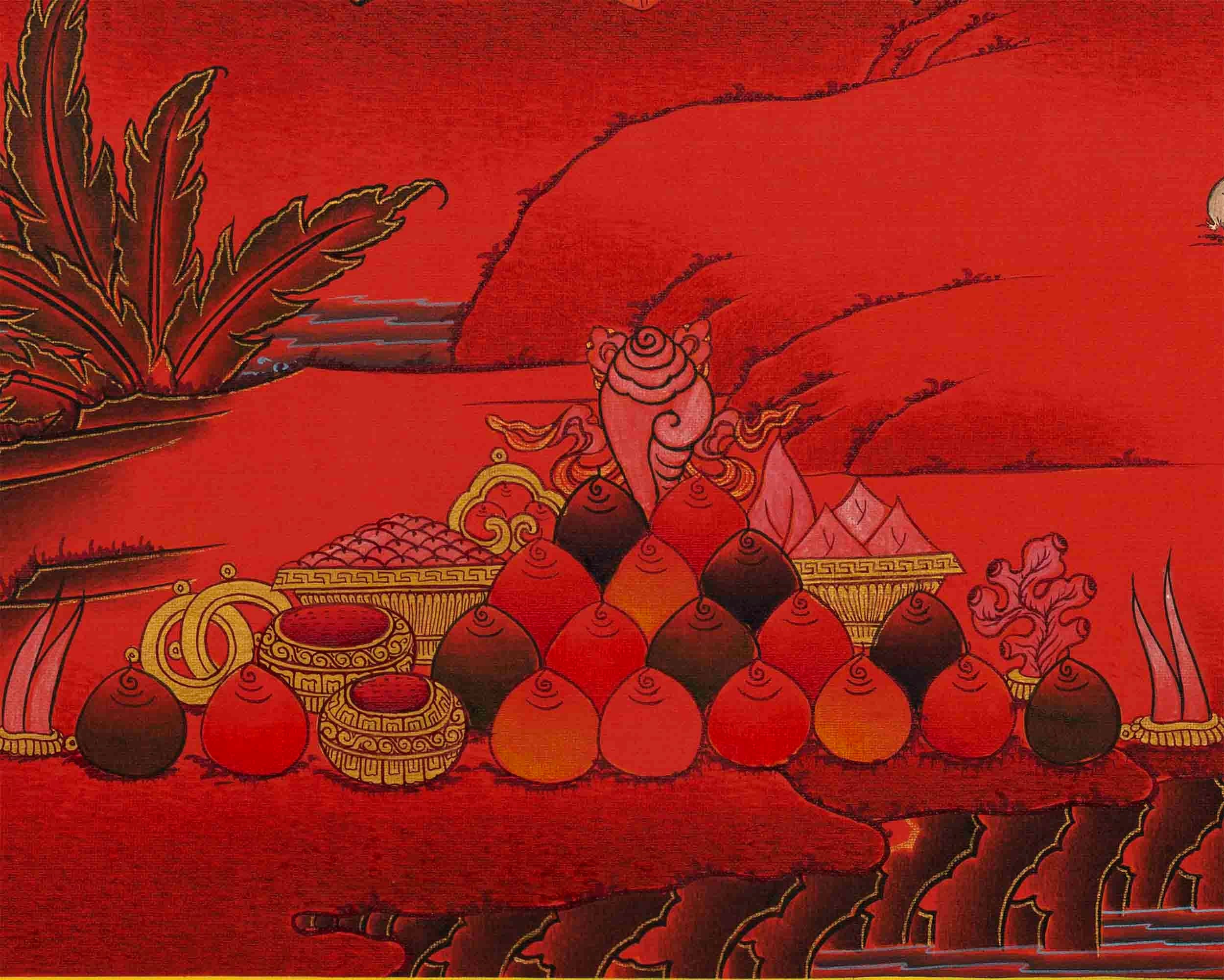 Medicine Buddha Thangka with Red Background | Bhaisajyaguru Original Hand-Painted Tibetan Healing Art |