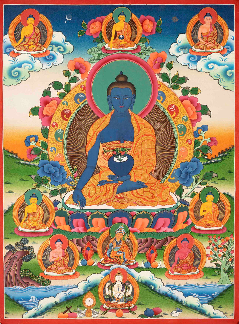 Original Hand Painted Thangka Of Bhaisajyaguru Medicine Buddha with Bodhisattvas |