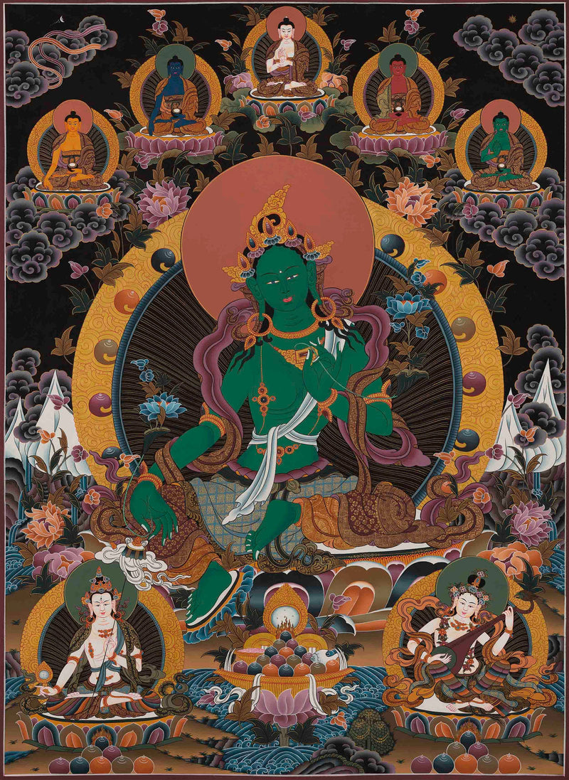 Original Hand painted Green Tara Thangka |Beautiful mother Green Tara symbolizing wisdom