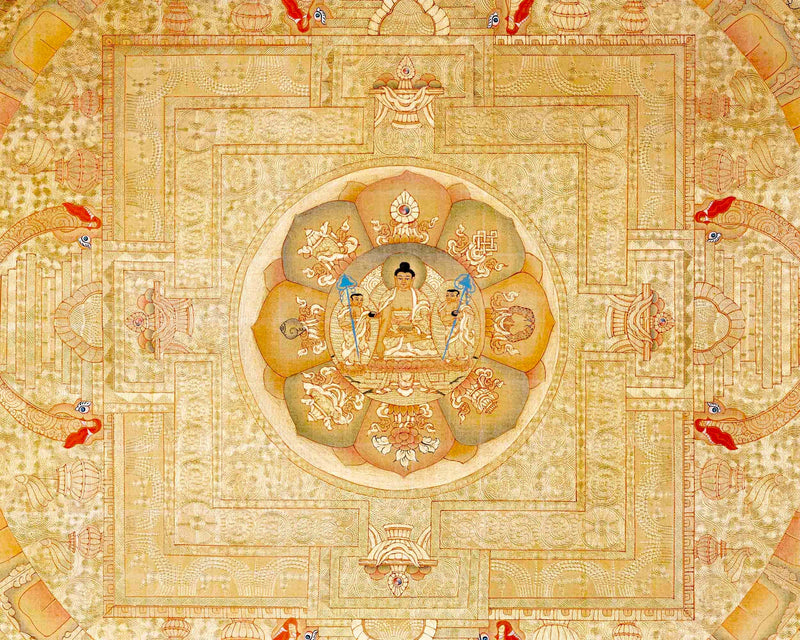 Shakyamuni Buddha And 5 Dhyani Buddha Mandala Thangka | Wall Hanging Yoga Meditation Canvas Art | Fine Quality All Gold Style Painting