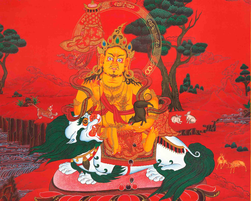 Namtose Thangka with red background | Original Hand Painted Wealth Deity