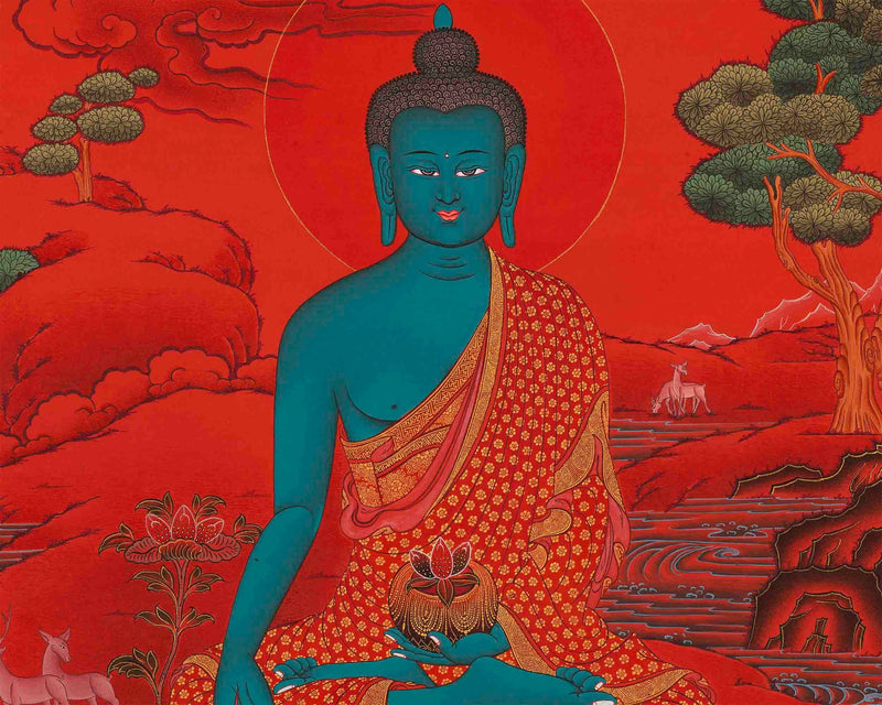 Medicine Buddha Thangka with Red Background | Bhaisajyaguru Original Hand-Painted Tibetan Healing Art |