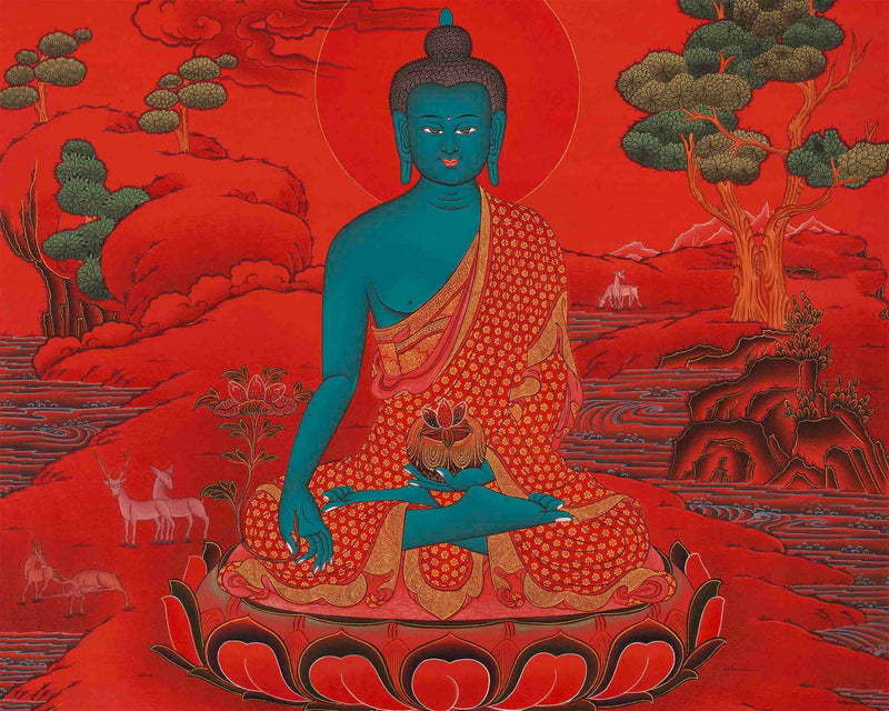 Medicine Buddha Thangka with Red Background | Bhaisajyaguru Original Hand-Painted Tibetan Healing Art |