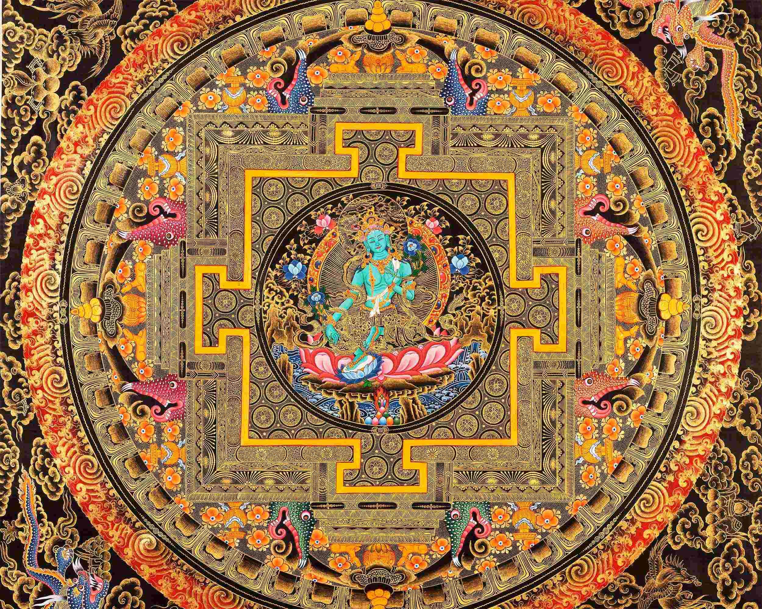 Green Tara Mandala Thangka Painting | Full 24k Gold Style