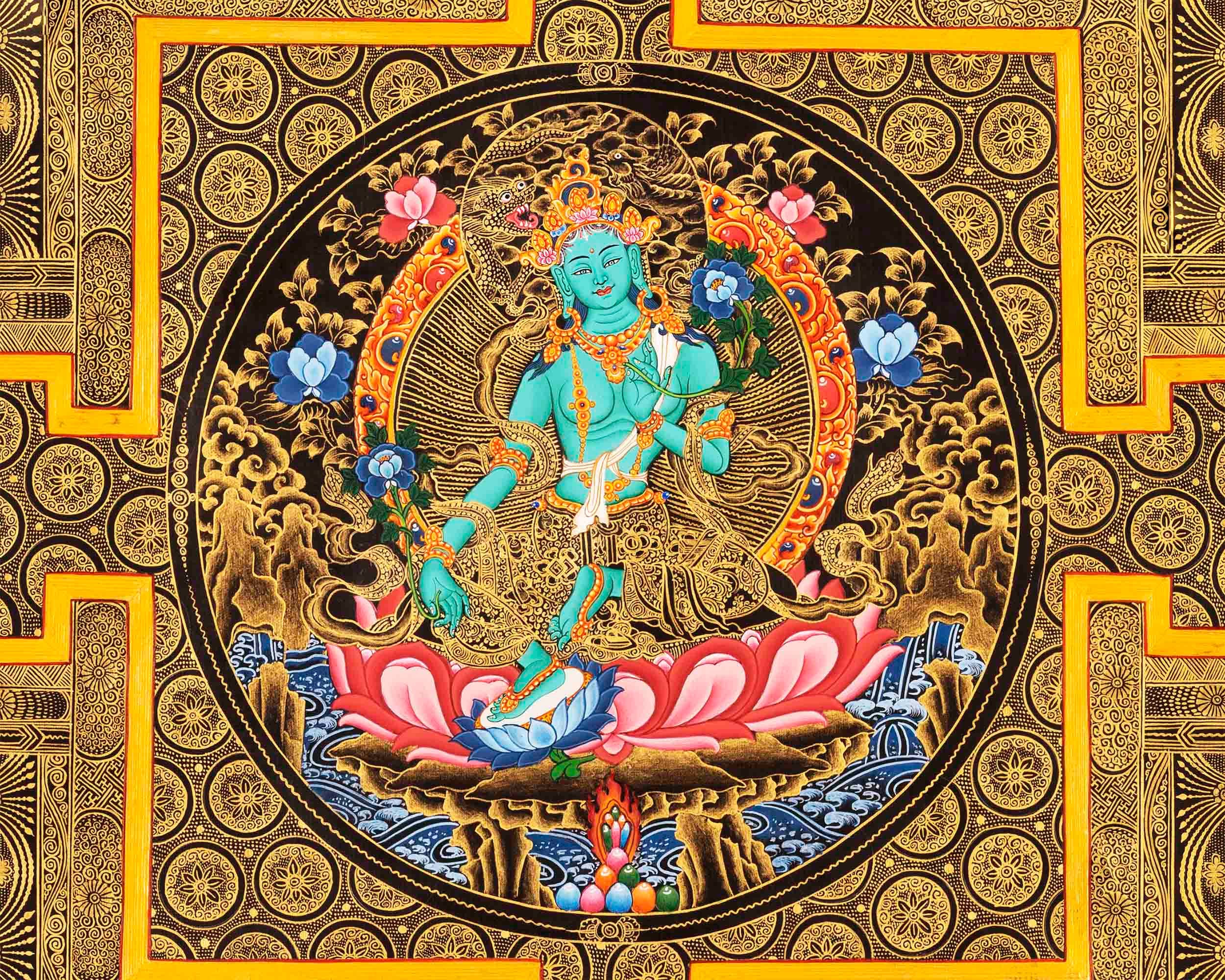 Green Tara Mandala Thangka Painting | Full 24k Gold Style