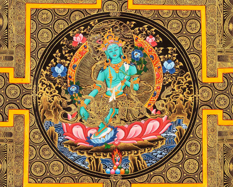 Green Tara Mandala Thangka Painting | Full 24k Gold Style