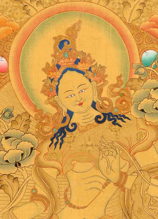 Original Hand Painted 24K Gold Style Green Tara Thangka | Healing Female Deity