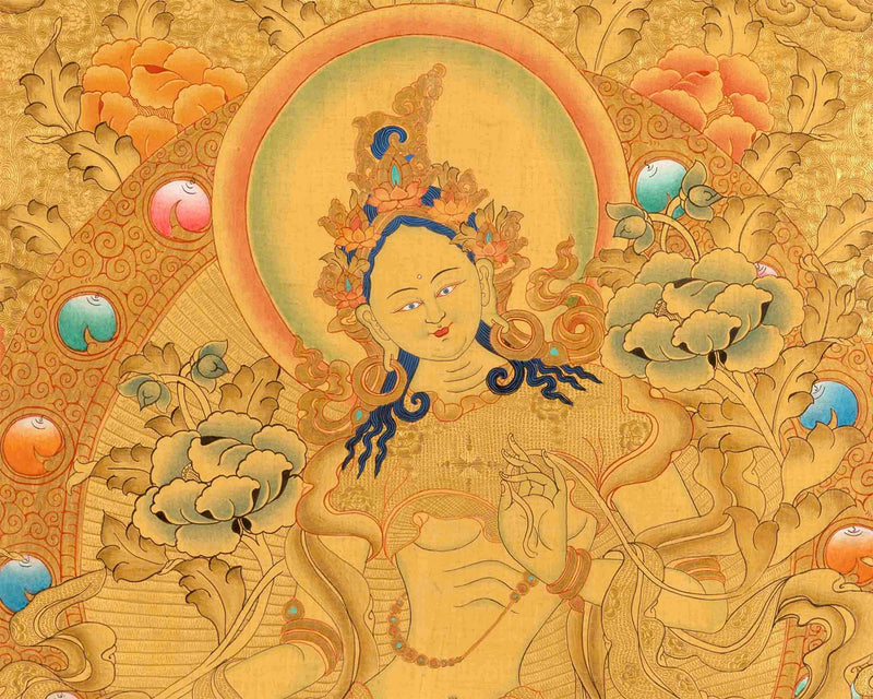 Original Hand Painted 24K Gold Style Green Tara Thangka | Healing Female Deity