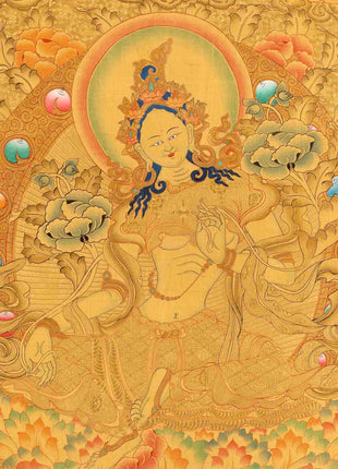 Original Hand Painted 24K Gold Style Green Tara Thangka | Healing Female Deity