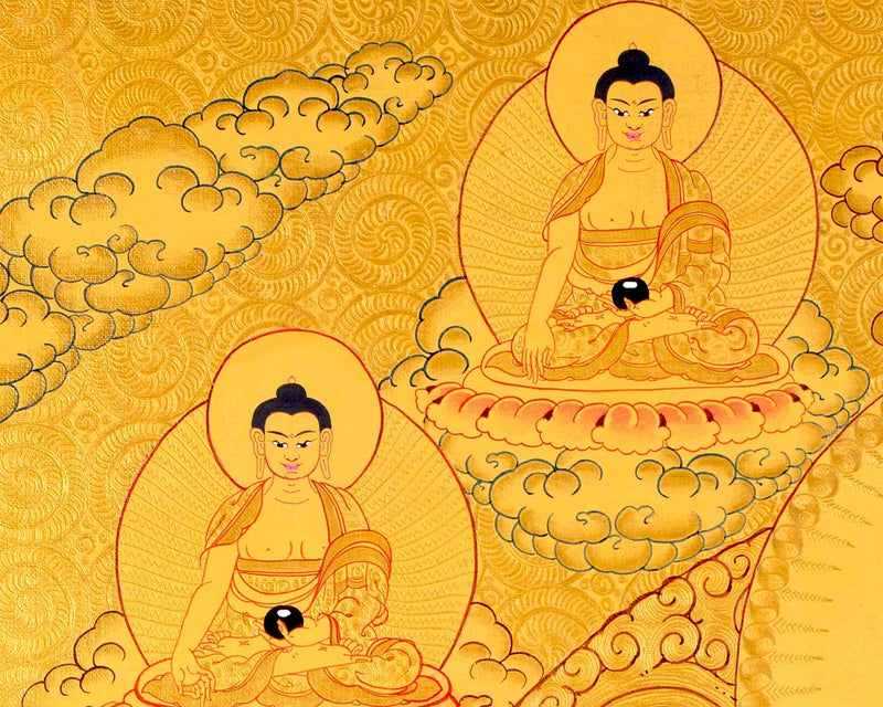 Shakyamuni Buddha Flanked By Dhyani Pancha Buddha, Sariputra, and Maudgalyayana | Wall Decor Painting | Art Painting for Meditation and Yoga