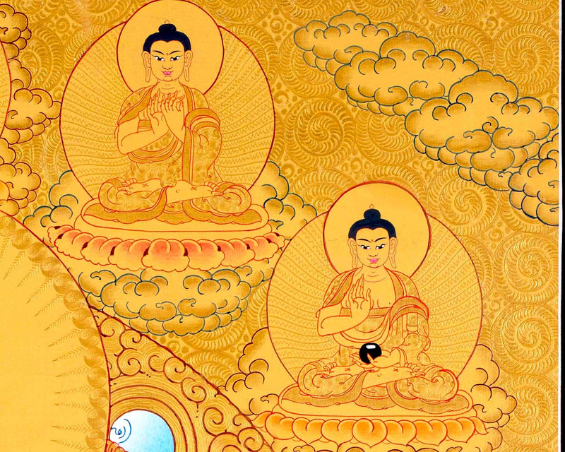 Shakyamuni Buddha Flanked By Dhyani Pancha Buddha, Sariputra, and Maudgalyayana | Wall Decor Painting | Art Painting for Meditation and Yoga