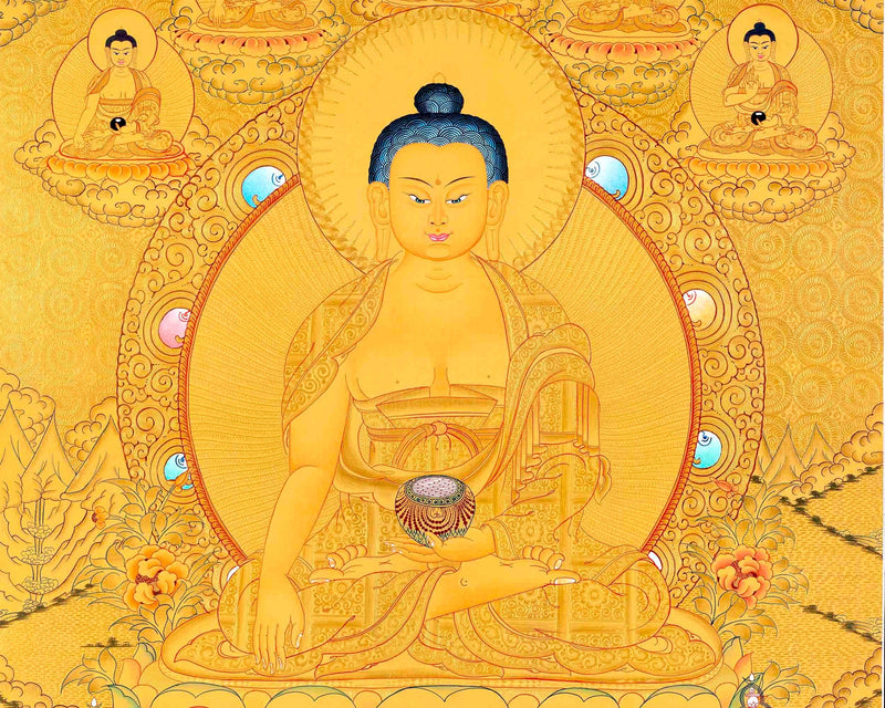 Shakyamuni Buddha Flanked By Dhyani Pancha Buddha, Sariputra, and Maudgalyayana | Wall Decor Painting | Art Painting for Meditation and Yoga