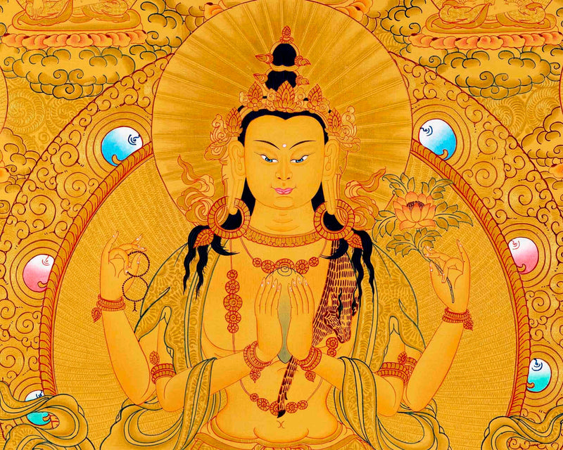 Chengrezig Avalokitesvara Hand-painted 24k Gold Style Thangka- Flanked by Boddhisattvas Vajrapani and Manjushree